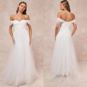 Lulus Blissfully Romantic White Tulle Off-the-Shoulder Maxi Dress Bridal Wedding